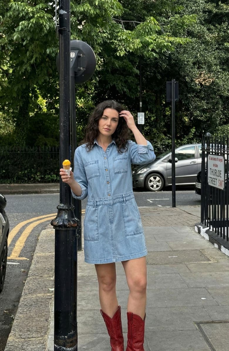 Modenaire Button-Front Long Sleeve Denim Mini Dress, Alternate, color, Light Wash Blue