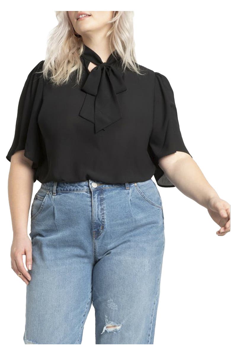 ELOQUII Bow Blouse With Flutter Sleeve, Main, color, Black