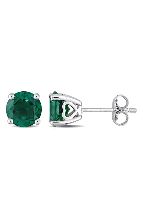Sterling Silver Created Emerald Stud Earrings