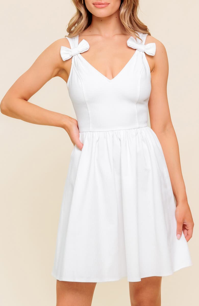 FLYING TOMATO Bow Strap Twill Minidress, Alternate, color, White Denim