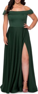 La Femme Off The Shoulder Plus Size Dress with Leg Slit