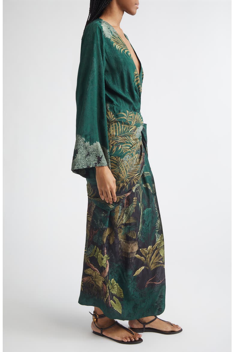 Ollantay Floral Jacquard Long Sleeve Wrap Dress, Alternate, color, DARK GREEN