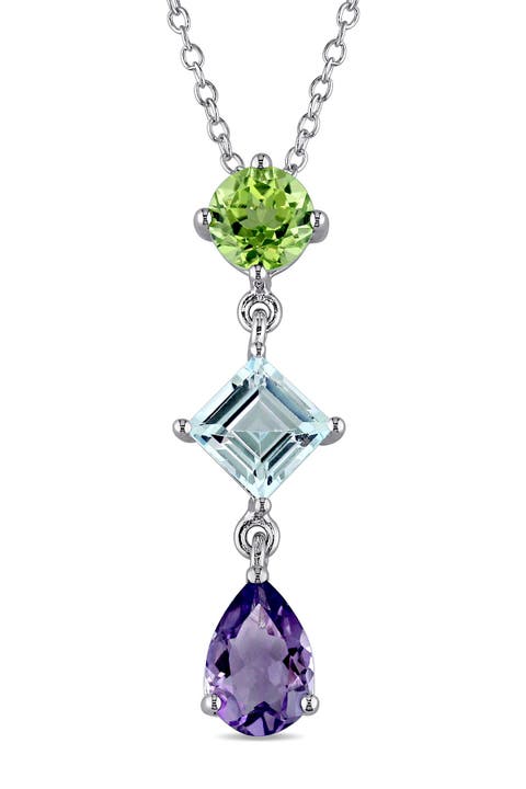 Sterling Silver Amethyst Peridot Blue Topaz Drop Pendant Necklace