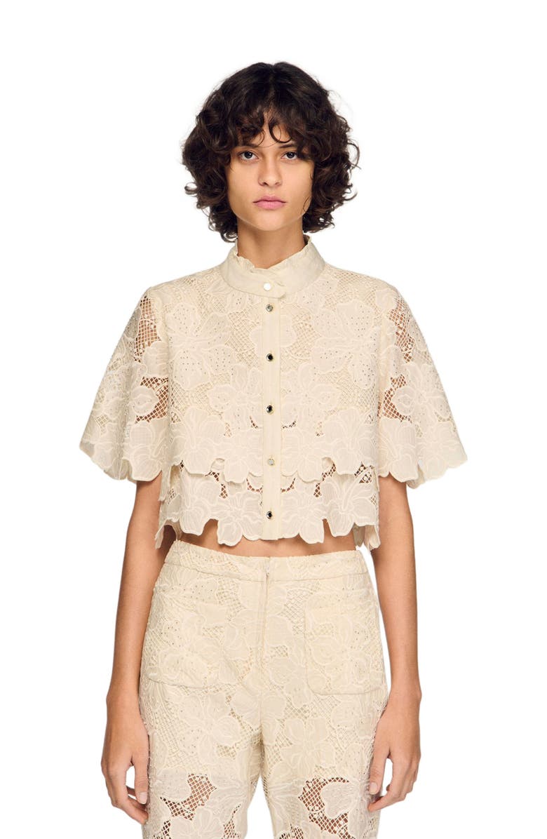 SANDRO Cropped floral guipure shirt, Main, color, Ecru
