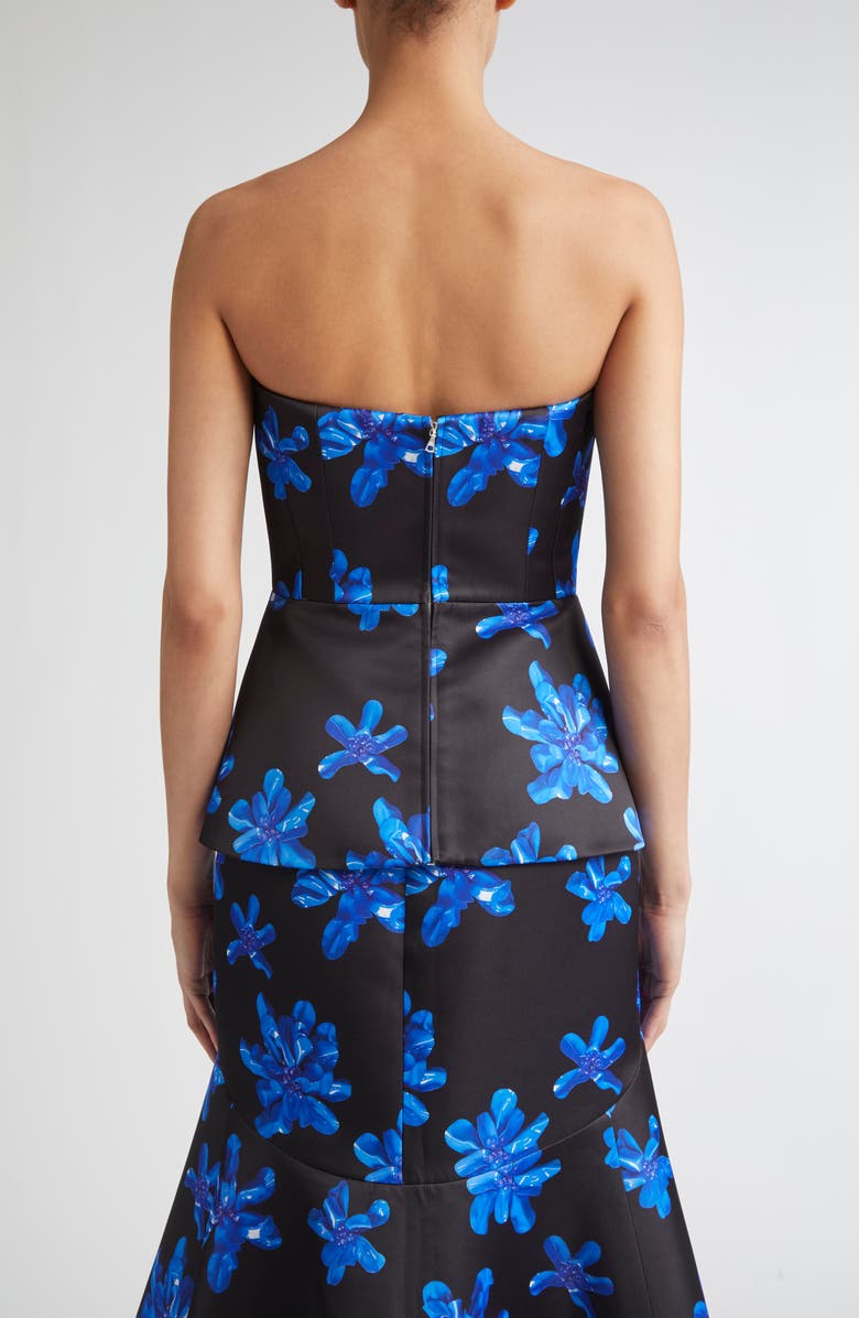 Emilia Wickstead Regan Floral Strapless Genzianella Peplum Top, Alternate, color, Electric Blue Floral On Black