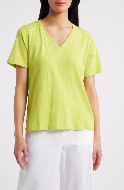 Eileen Fisher Easy V-neck Organic Cotton T-shirt In Chartreuse