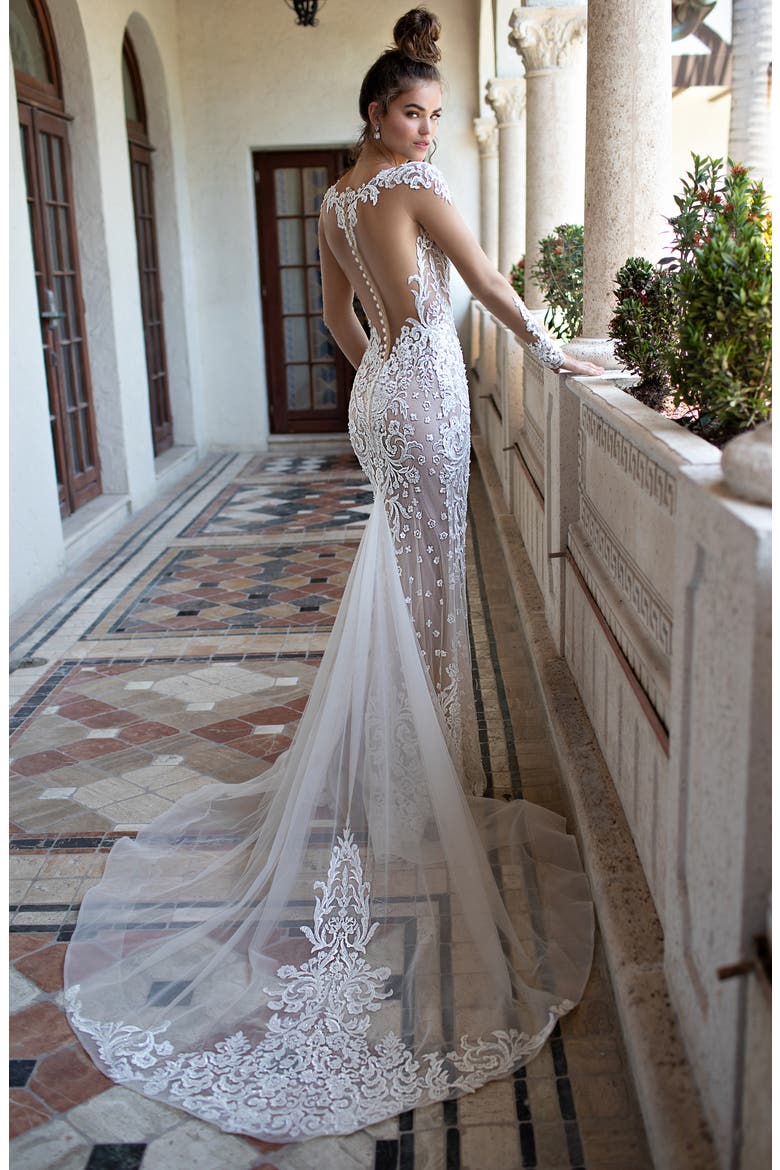 Illusion Long Sleeve Embroidered Trumpet Wedding Dress, Alternate, color, IVORY