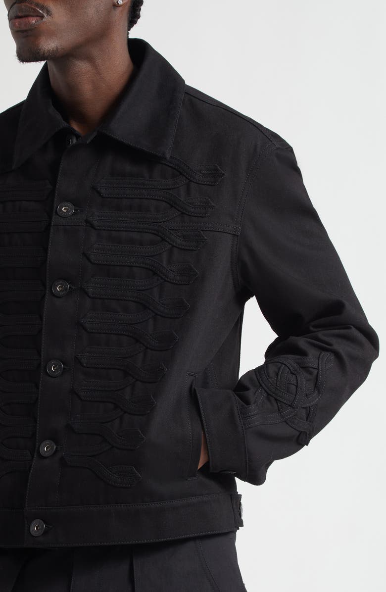 McQueen Frogged Cotton Denim Trucker Jacket, Alternate, color, Black