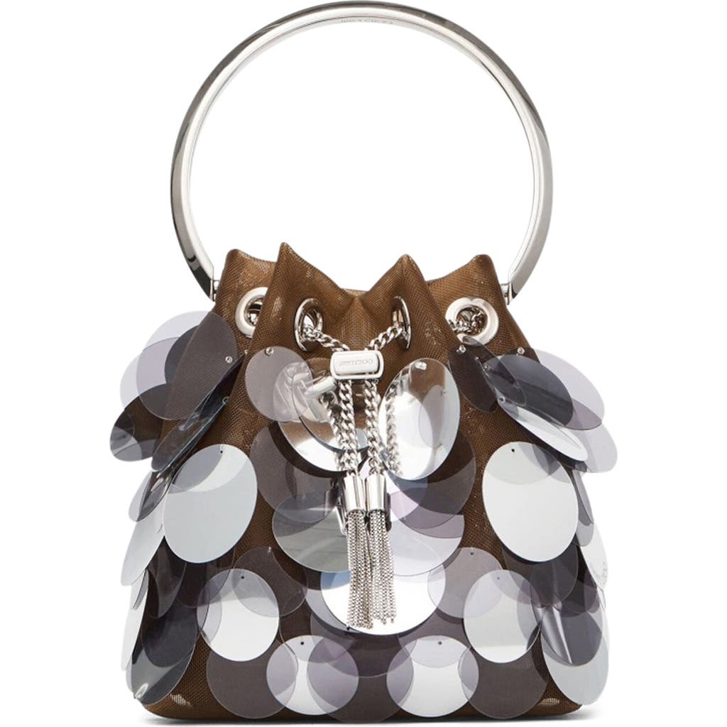 Jimmy Choo Bon Bon Embellished Mesh Top Handle Bag In Biscuit/silver