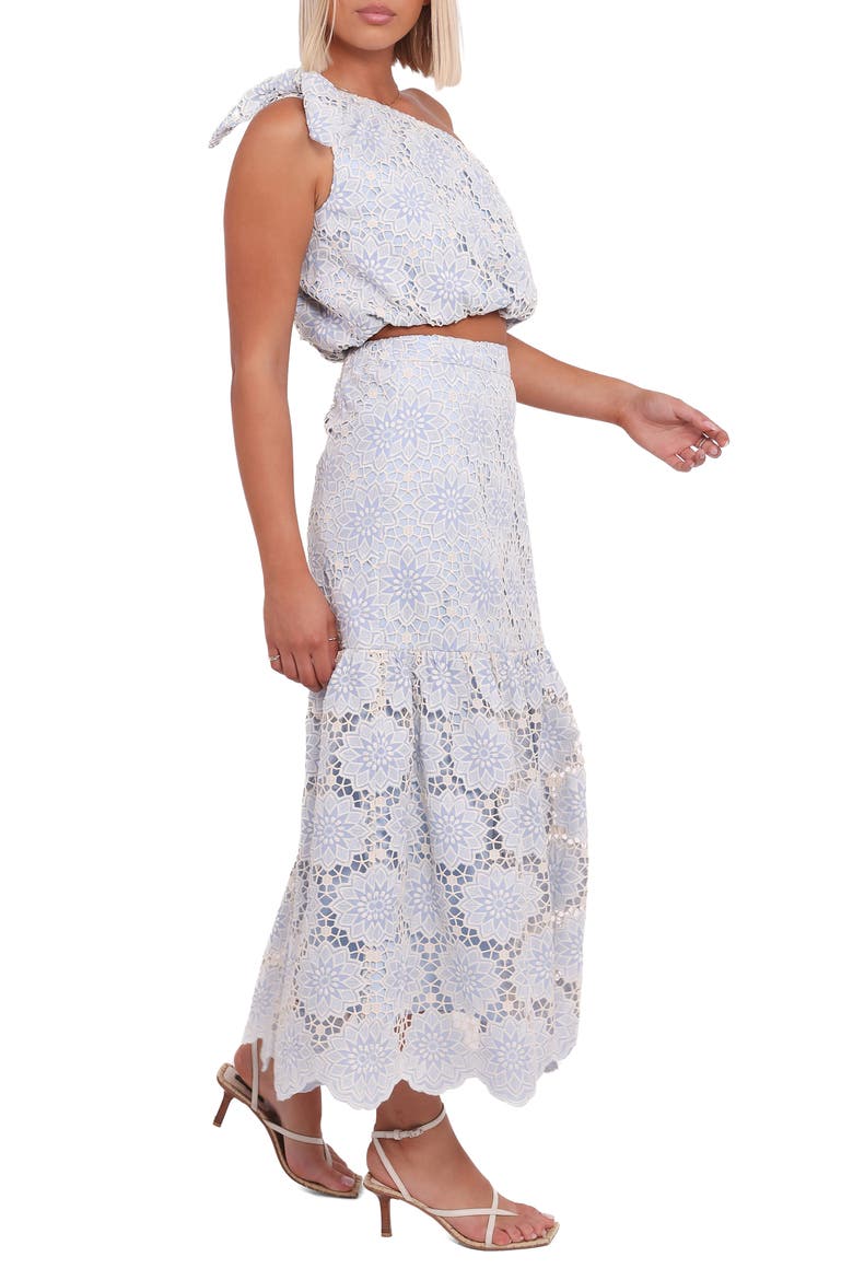 Jennie Lace One-Shoulder Crop Top & Maxi Skirt Set, Alternate, color, BLUE