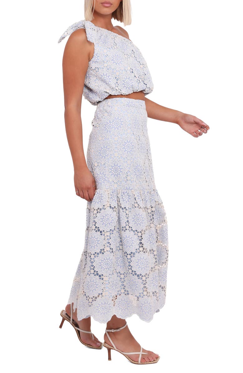 Petal & Pup Jennie Lace One-Shoulder Crop Top & Maxi Skirt Set, Alternate, color, Blue