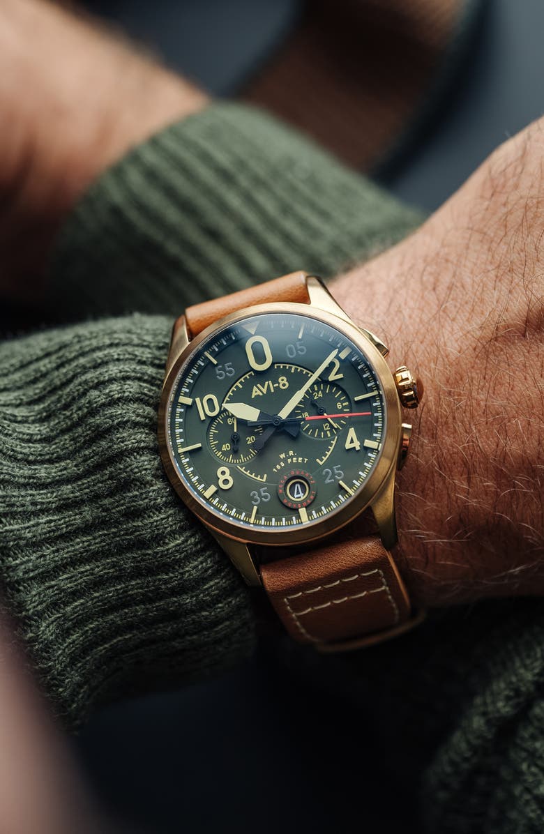 AVI-8 Spitfire Lock Green Dial Chronograph Leather Strap Watch, 42mm, Alternate, color, Green