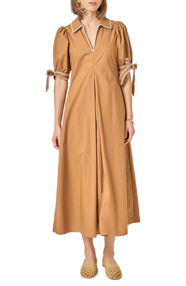 English Factory Contrast Stitch A-Line Midi Dress, Main, color, Brown