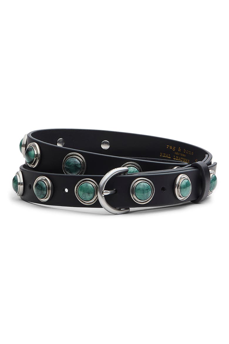 Celia Studded Stone Leather Belt, Main, color, BLACK