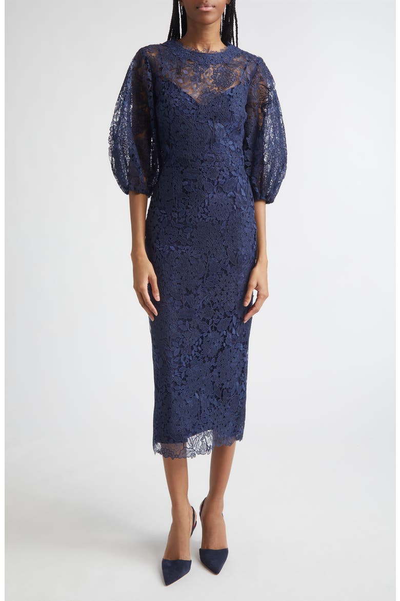 Balloon Sleeve Lace Midi Pencil Dress, Main, color, MIDNIGHT
