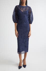 Carolina Herrera Balloon Sleeve Lace Midi Pencil Dress