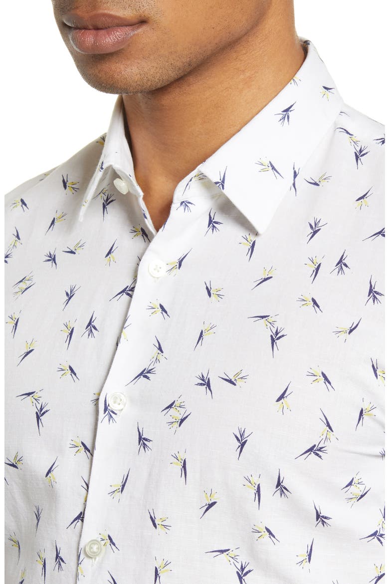 Ronn Slim Fit Print Short Sleeve Button-Up Linen & Cotton Shirt, Alternate, color, WHITE