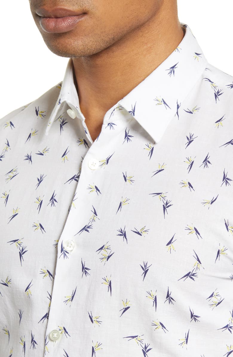 BOSS Ronn Slim Fit Print Short Sleeve Button-Up Linen & Cotton Shirt, Alternate, color, 