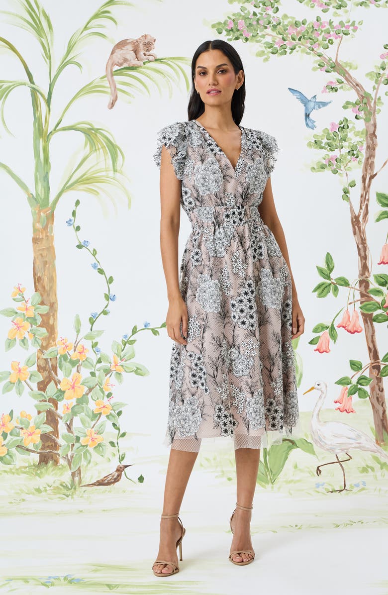 Maggy London Floral Flutter Sleeve Smock Waist Midi Dress, Alternate, color, 