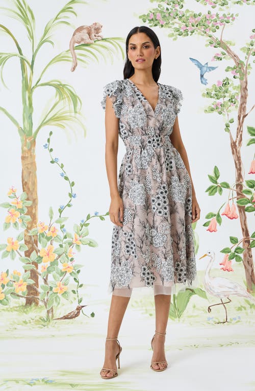 Maggy London Floral Flutter Sleeve Smock Waist Midi Dress In Black/ivory