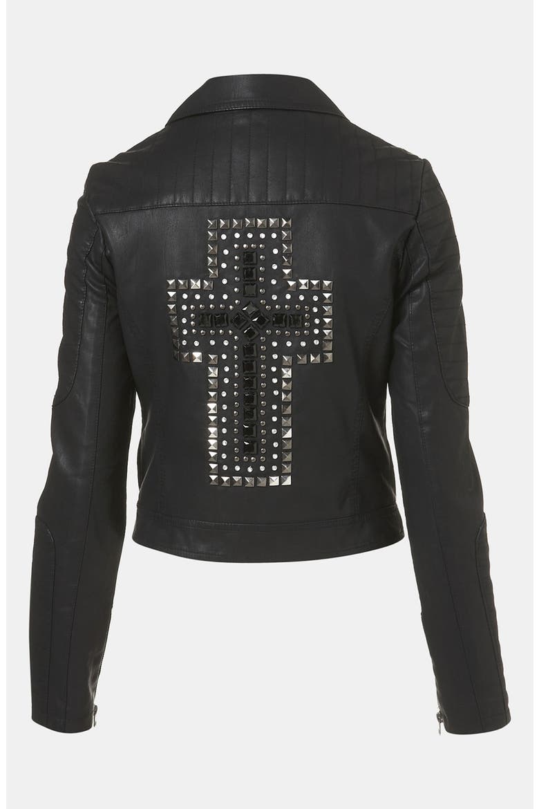 'Cross' Studded Faux Leather Jacket, Main, color, BLACK
