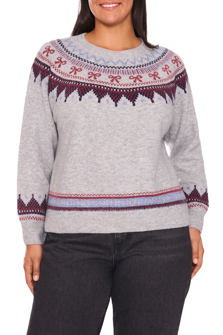 Fair Isle Ribbon Detail Crewneck Sweater, Main, color, LIGHT HEATHER GREY