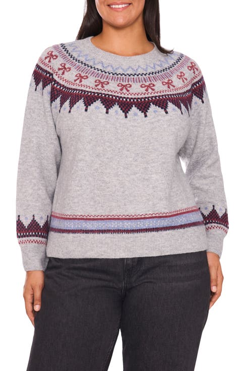 Fair Isle Ribbon Detail Crewneck Sweater (Plus)