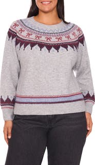 CeCe Fair Isle Ribbon Detail Crewneck Sweater