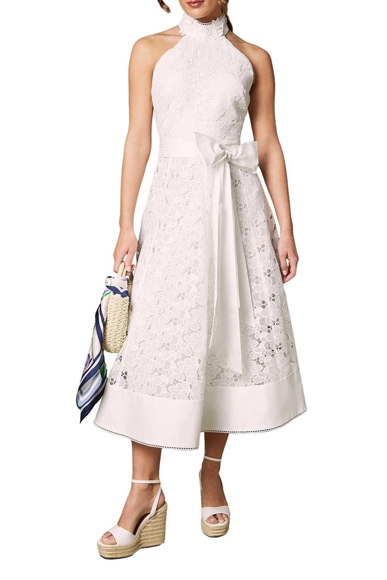 Halterneck Belted Lace Midi Dress, Main, color, Ivory