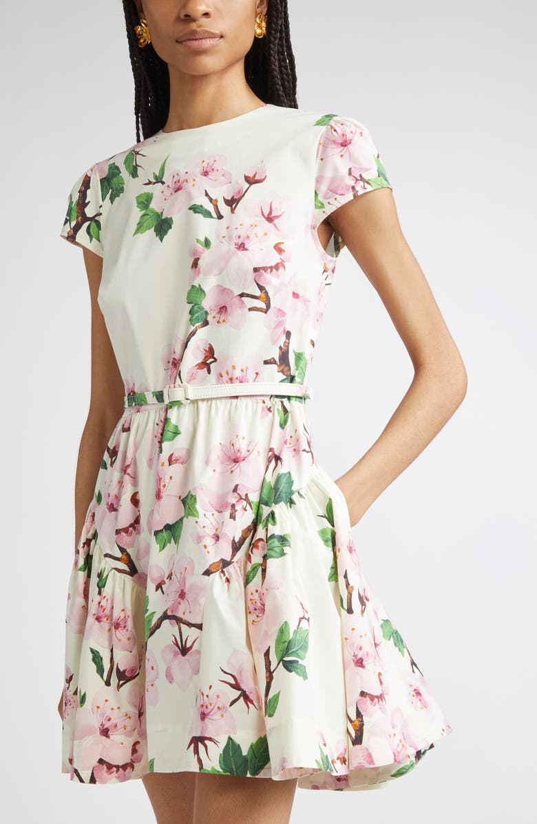 Oscar de la Renta Cherry Blossom Belted Poplin Minidress, Alternate, color, Pink/ Ecru