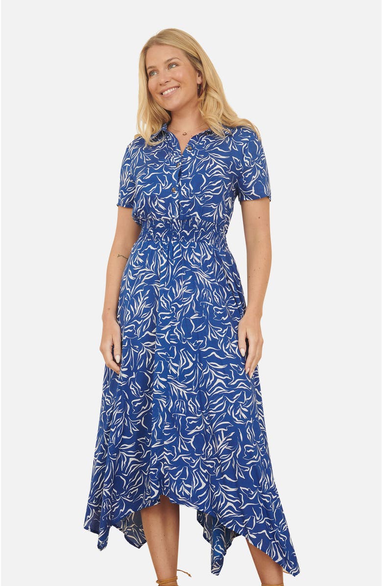Yumi Printed Midi Ruched Shirt Dress, Alternate, color, Blue