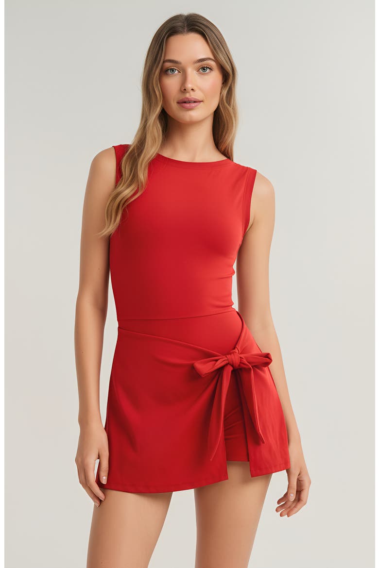 Sleeveless Active Romper with Side Tie Skirt Overlay and Crew Neckline, Main, color, Red