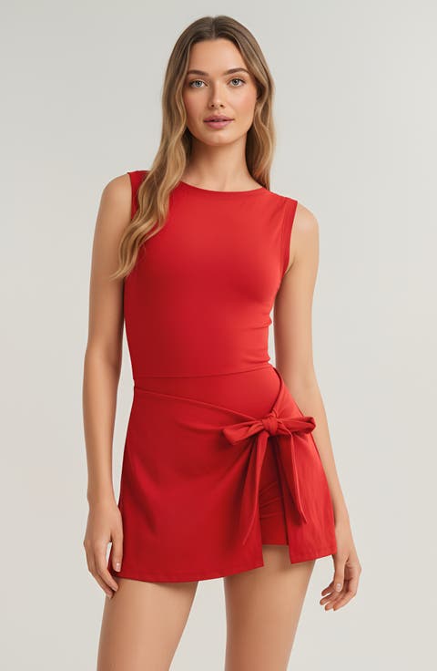 Sleeveless Active Romper with Side Tie Skirt Overlay and Crew Neckline