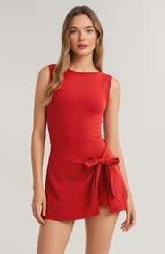 Modenaire Sleeveless Side Tie Skirt Overlay Crew Neck Active Romper