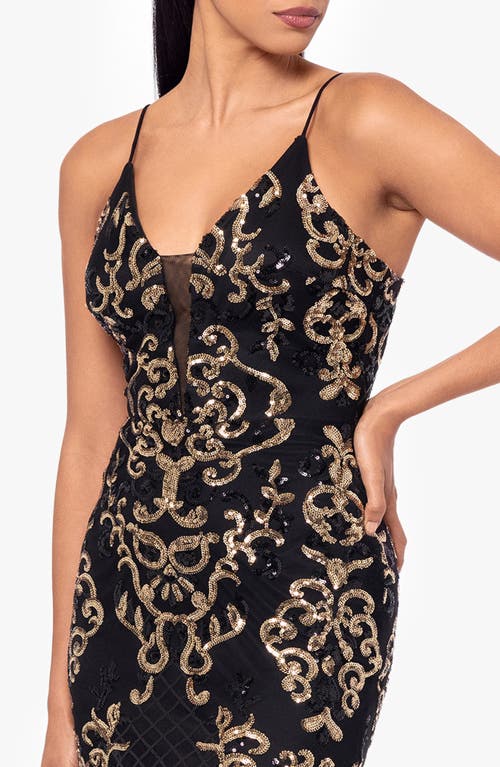 Betsy & Adam Sequin Mermaid Gown In Black/gold