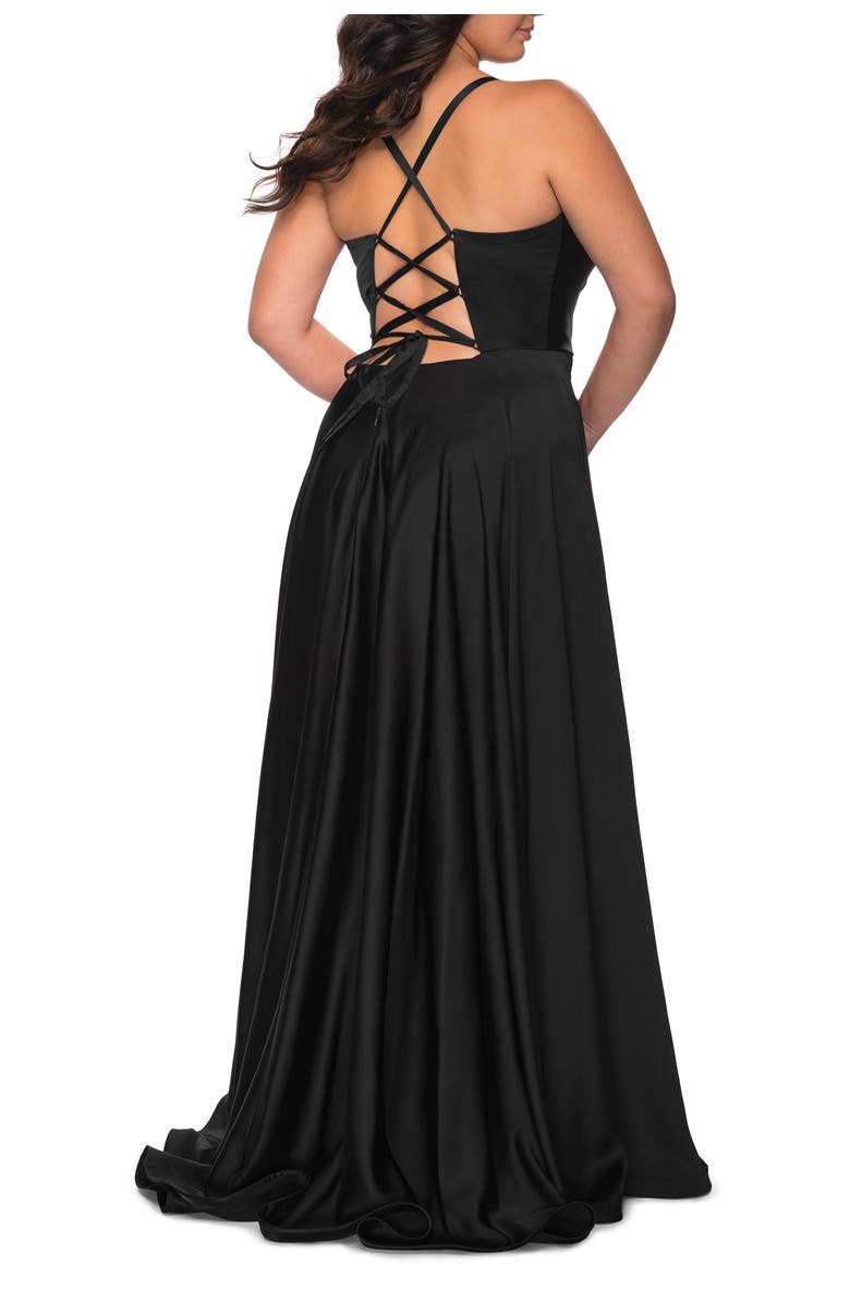 La Femme Satin A-line Plus Dress with Lace Up Back and Pockets, Alternate, color, Black