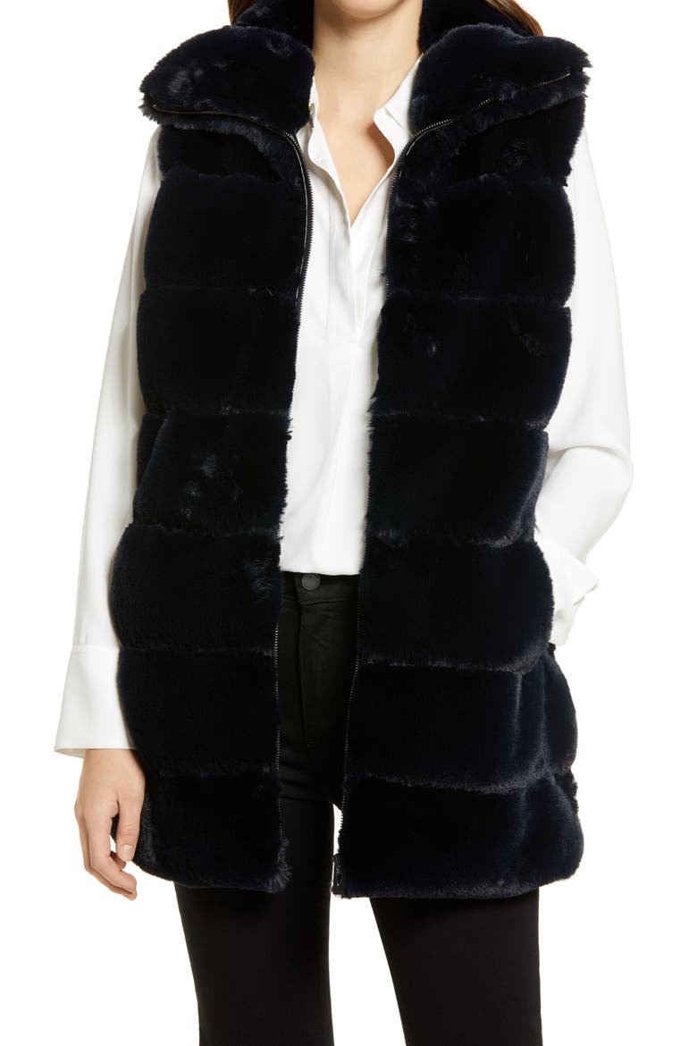 Hooded Faux Fur Vest, Main, color, NAVY