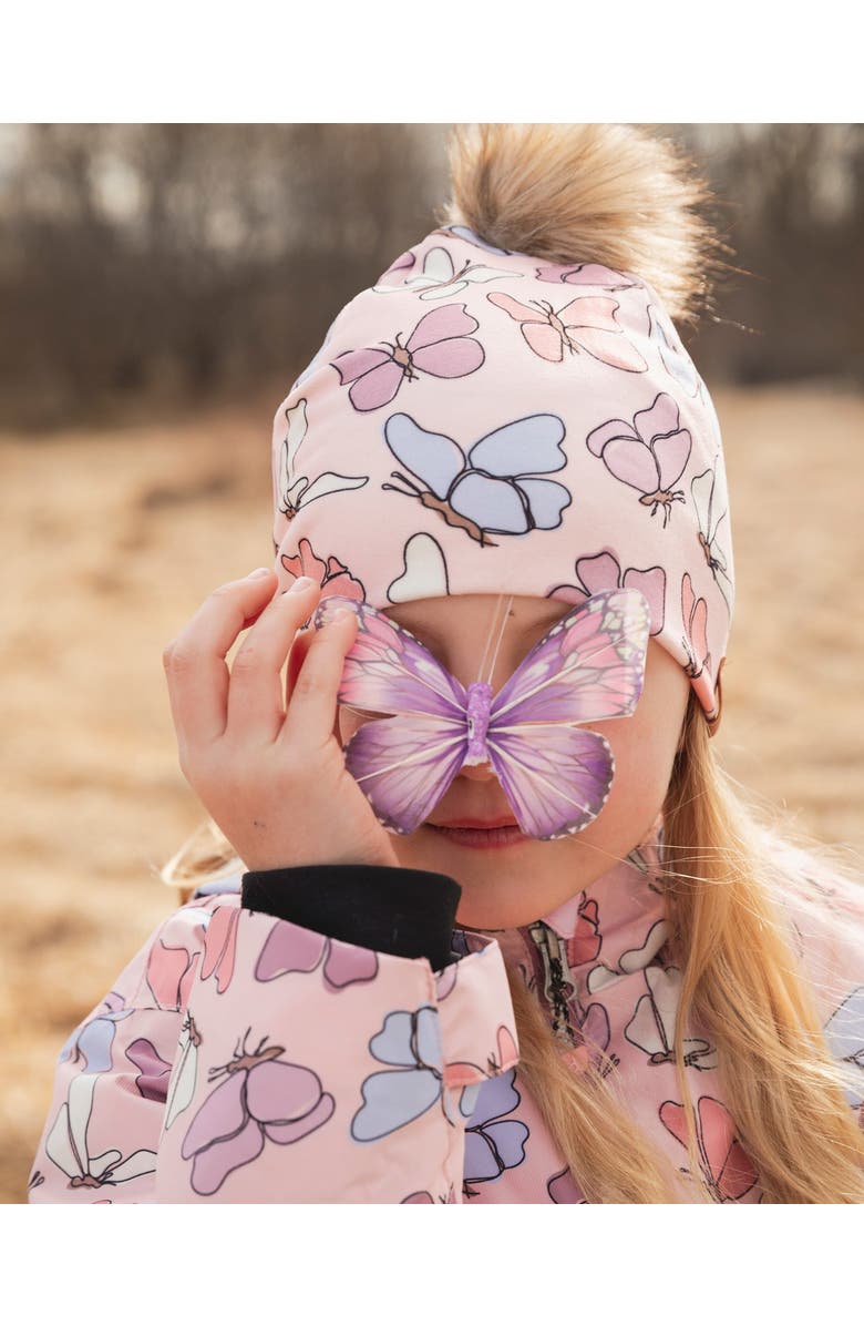 Deux par Deux Stretch Jersey Hat Printed Butterflies with Pompom, Alternate, color, Pink Printed Butterflies