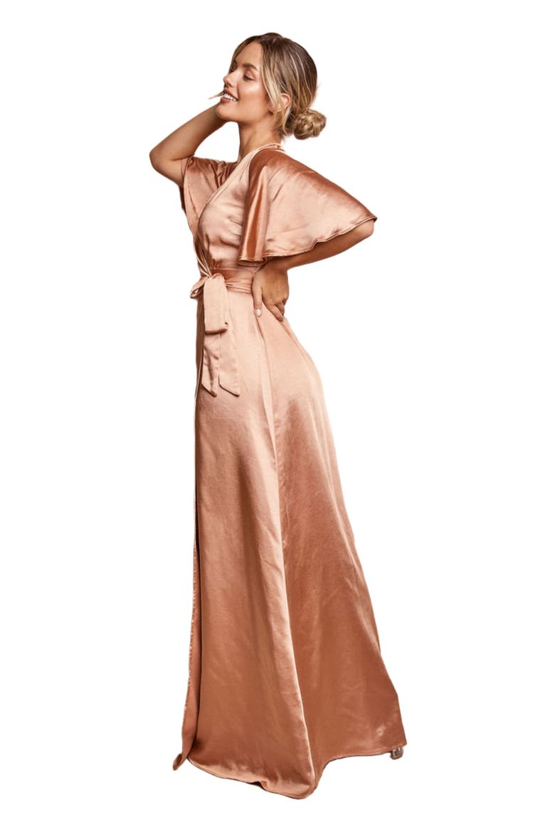 Wrap Tie Satin Bridesmaid Dress, Alternate, color, Burnt Peach