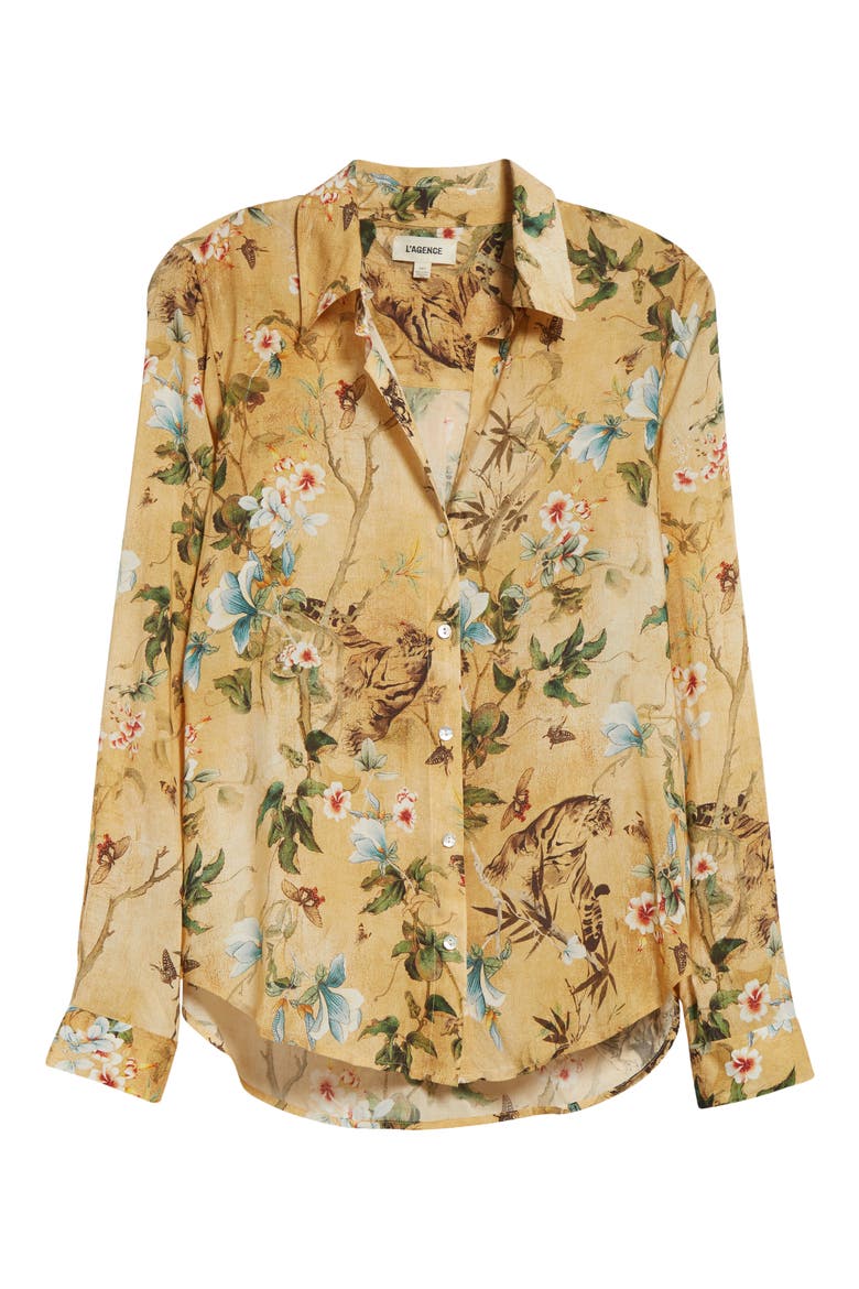 Holly Floral Button-Up Shirt, Alternate, color, GOLD MULTI WATERCOLOR TIGER