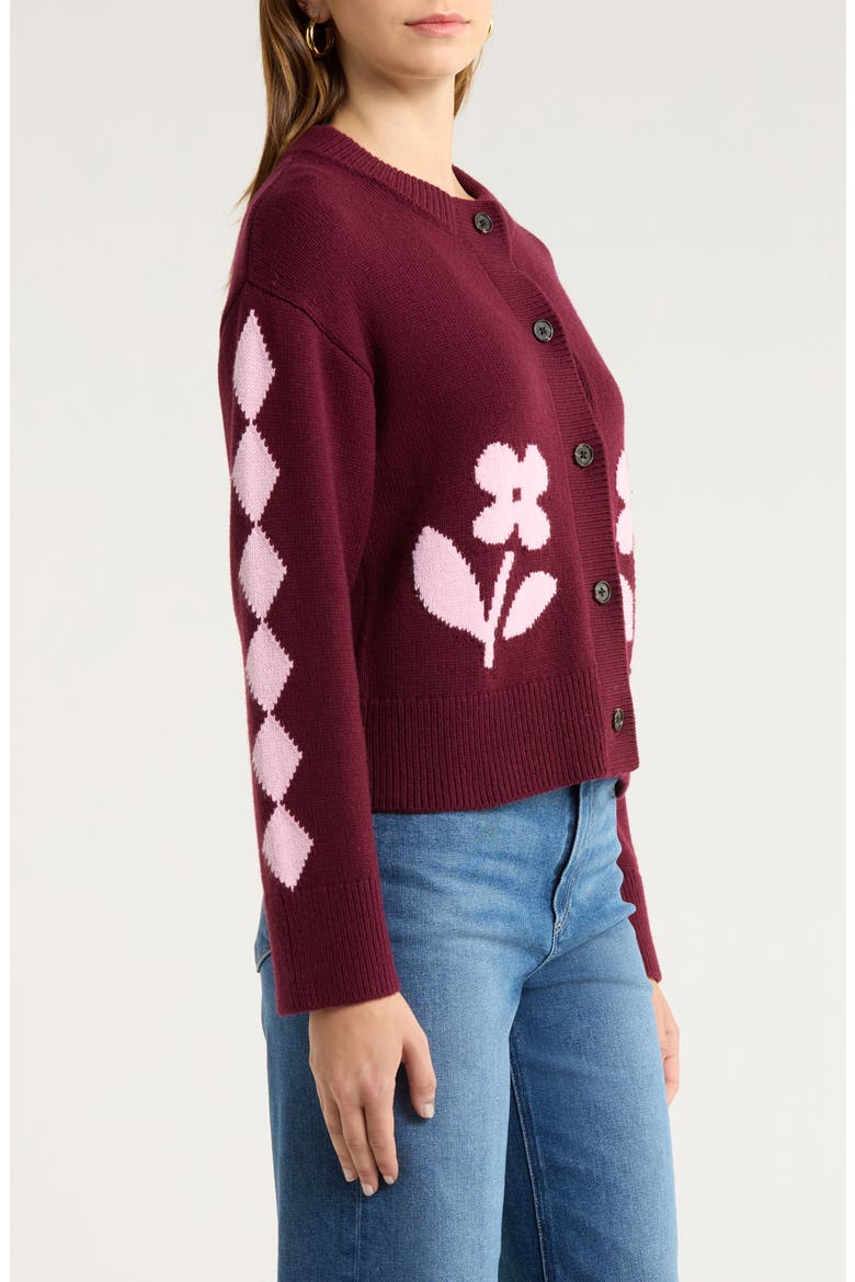 Mavie Intarsia Floral Cardigan, Alternate, color, GARNET DAISY