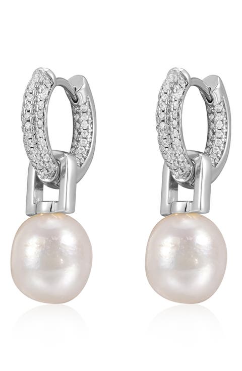 Amalfi Freshwater Pearl Pavé Drop Huggie Earrings