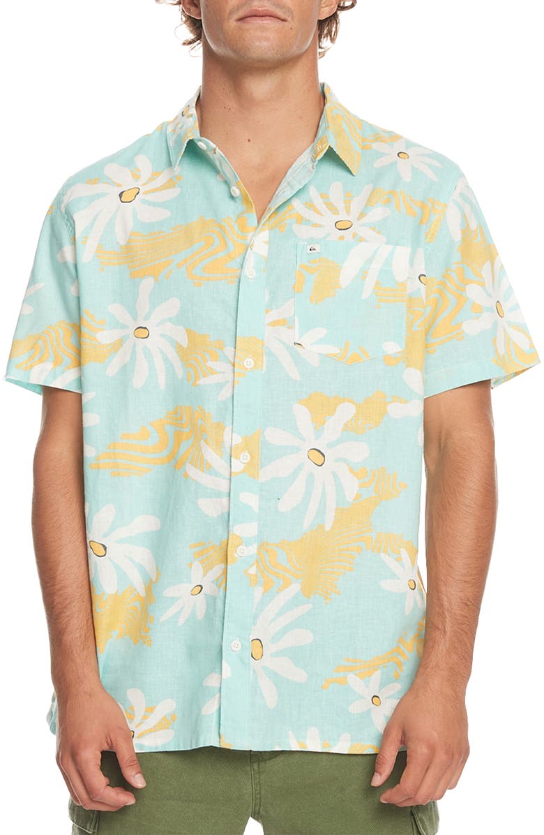 Quiksilver Trippy Floral Short Sleeve Stretch Hemp & Cotton Button-Up Shirt, Main, color,