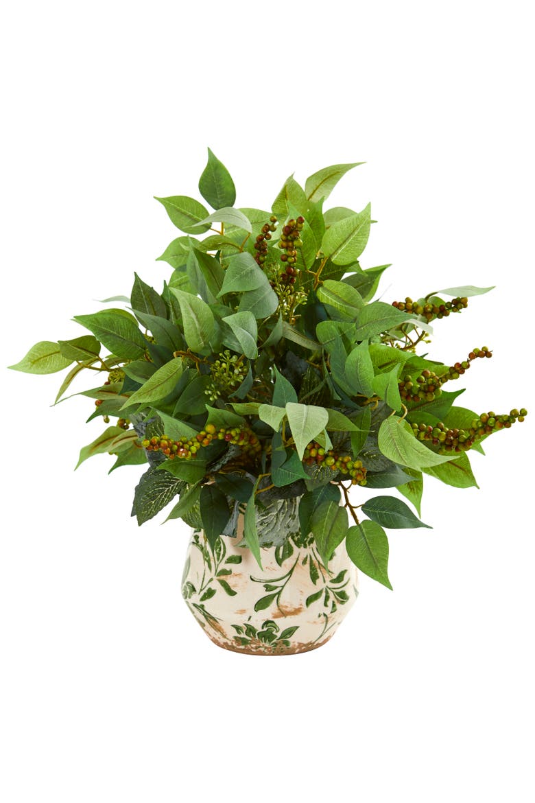 Mixed Ficus, Fittonia and Berries Artificial Plant in Floral Vase, Main, color, Green