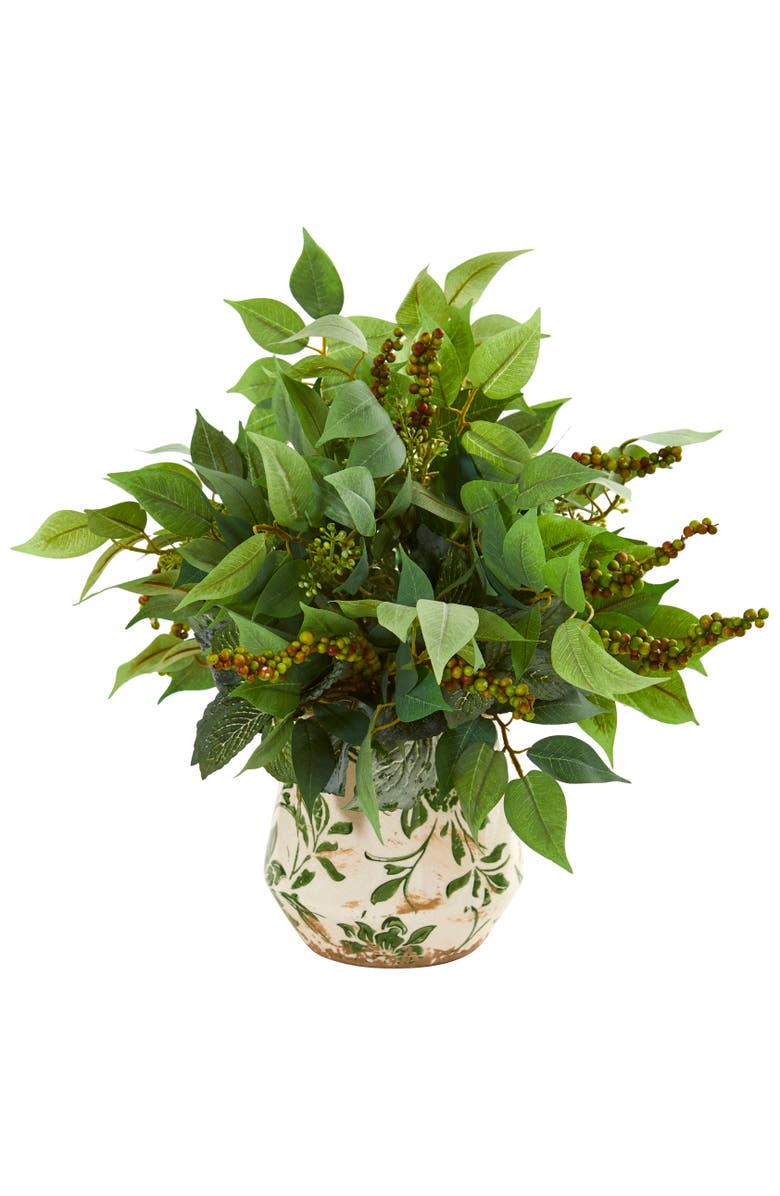 NEARLY NATURAL Mixed Ficus, Fittonia and Berries Artificial Plant in Floral Vase, Main, color, Green