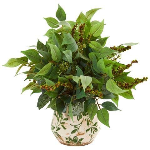 Mixed Ficus, Fittonia and Berries Artificial Plant in Floral Vase