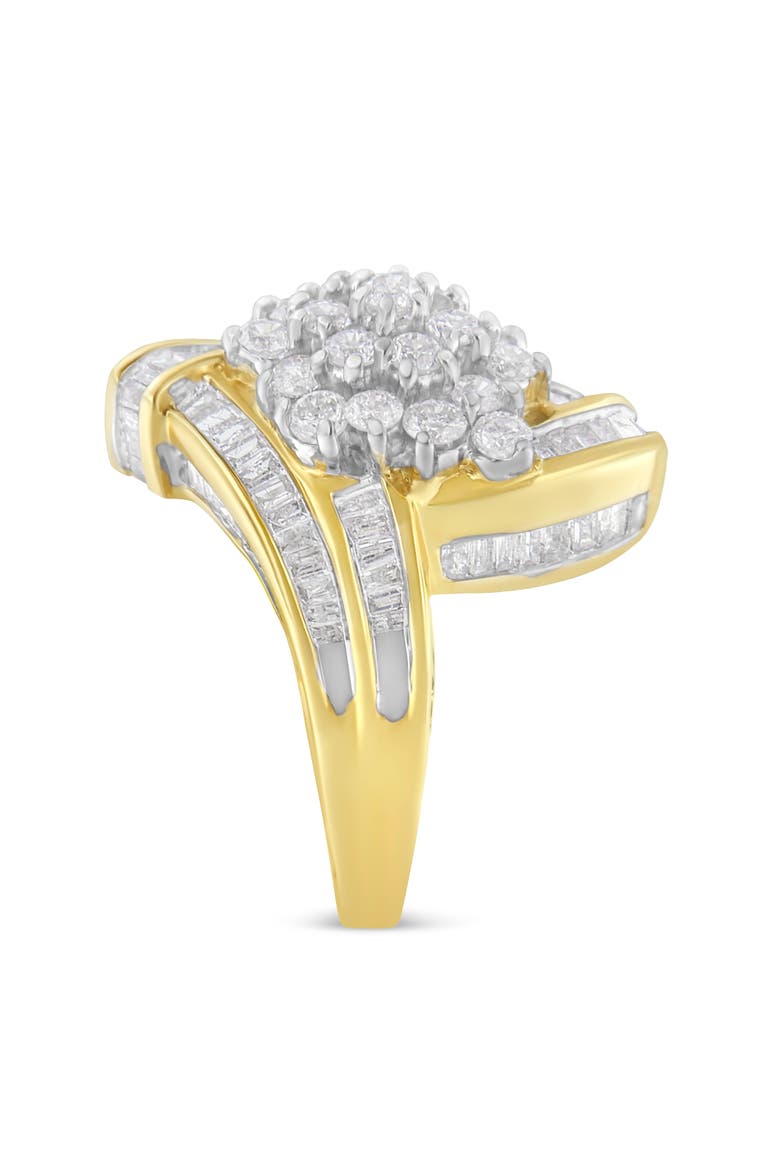 10K Gold 3 Ctw Round and Baguette Diamond Crossover Cluster Ring, Alternate, color, Yellow Gold