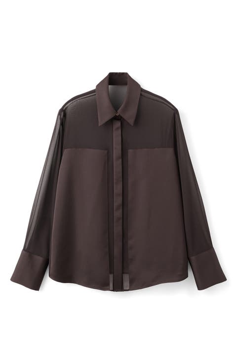 Patchwork Sheer & Opaque Button-Up Shirt