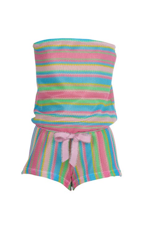 Multi-Color Striped Bandeau Romper with Glittery Pink Bow