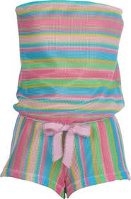 NESSI BYRD Multi-Color Striped Bandeau Romper with Glittery Pink Bow